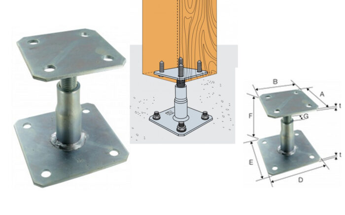 PIED DE POTEAU REGLABLE HT100-150 + FIXATIONS ING